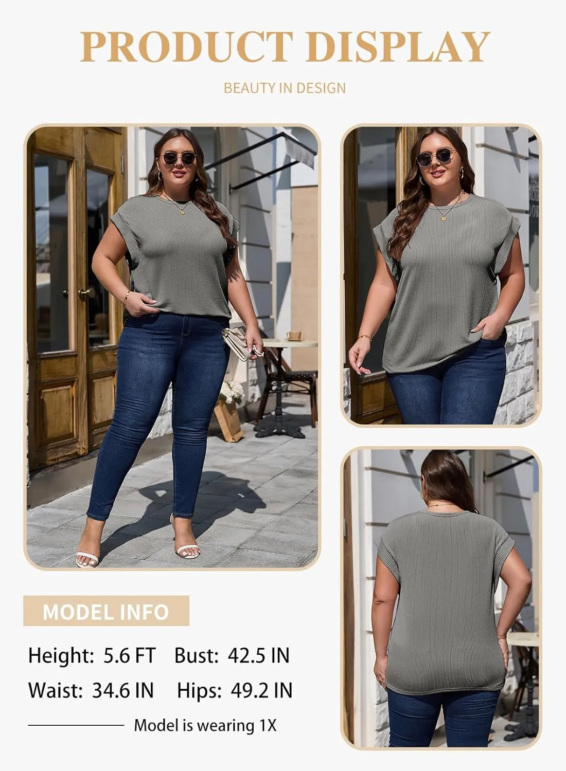 Eytino Womens Plus Size Tops Summer Cap Sleeve Crew Neck Casual Loose Solid Ribbed Knit Basic Tee Shirt(1X-5X)