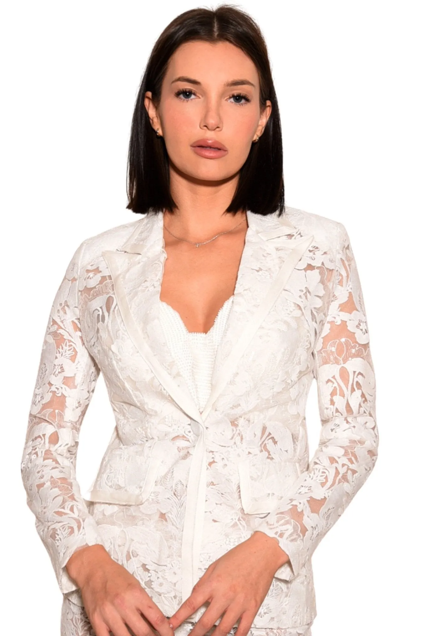 Heidi White Lace Floral Long Sleeve Blazer
