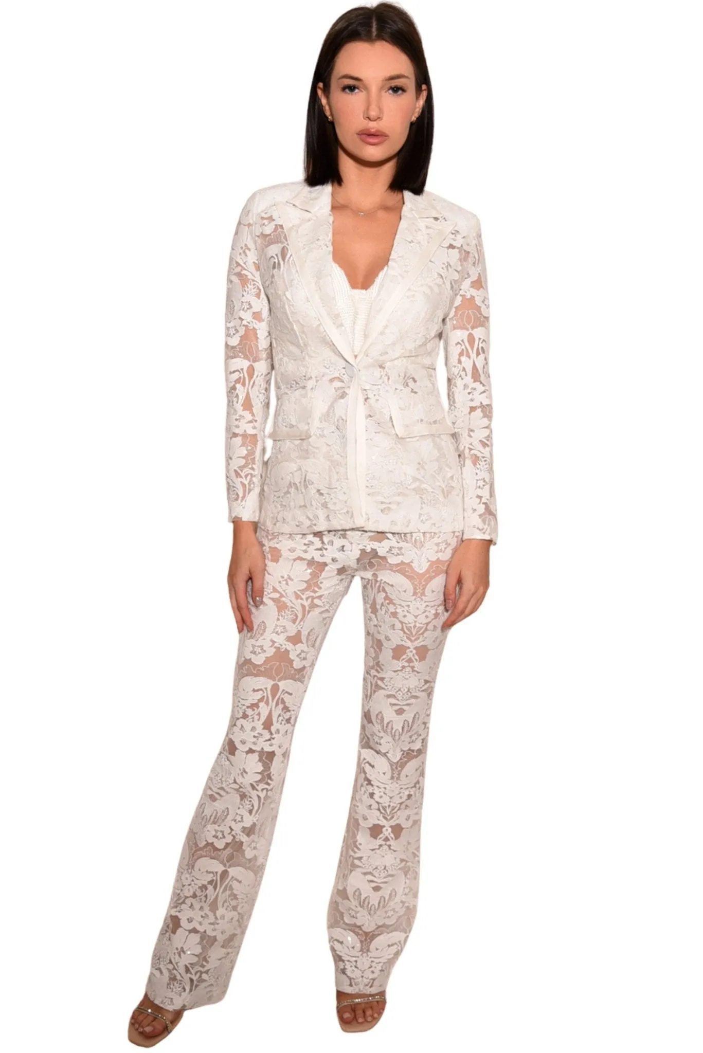 Heidi White Lace Floral Long Sleeve Blazer