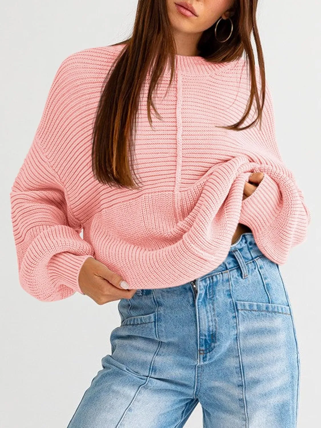 Langwyqu Womens Oversized Sweaters Crew Neck Long Lantern Sleeve Loose Ribbed Knit Slouchy Fall Pullover Tops