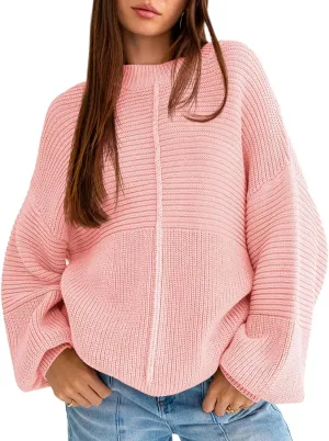Langwyqu Womens Oversized Sweaters Crew Neck Long Lantern Sleeve Loose Ribbed Knit Slouchy Fall Pullover Tops