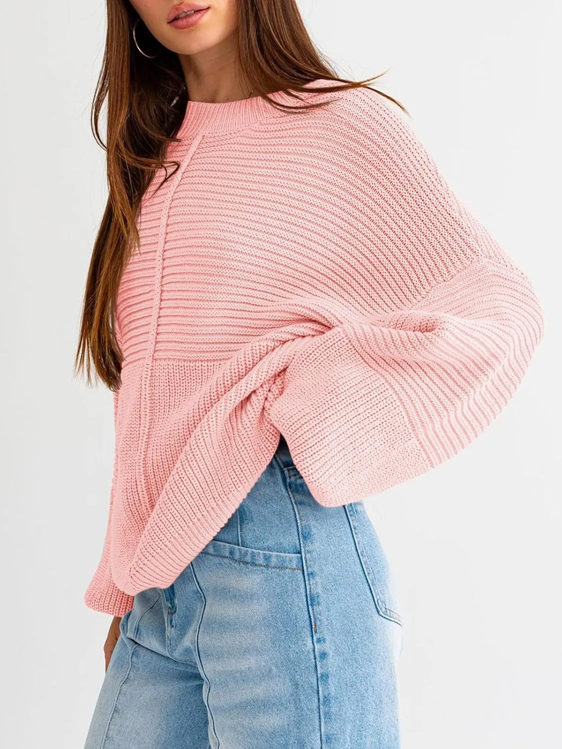 Langwyqu Womens Oversized Sweaters Crew Neck Long Lantern Sleeve Loose Ribbed Knit Slouchy Fall Pullover Tops