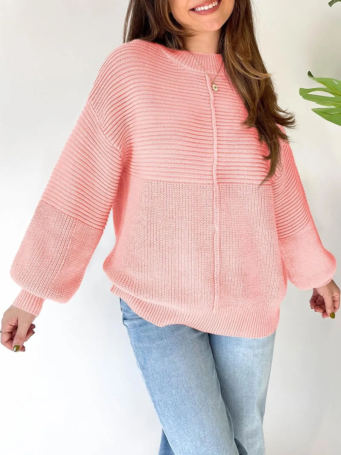 Langwyqu Womens Oversized Sweaters Crew Neck Long Lantern Sleeve Loose Ribbed Knit Slouchy Fall Pullover Tops