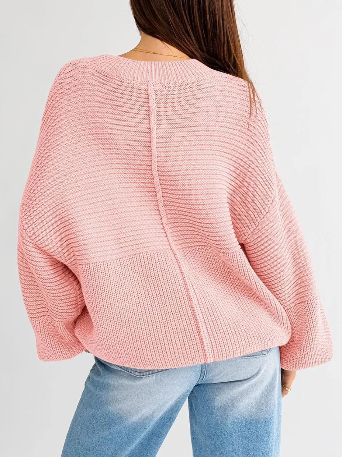 Langwyqu Womens Oversized Sweaters Crew Neck Long Lantern Sleeve Loose Ribbed Knit Slouchy Fall Pullover Tops