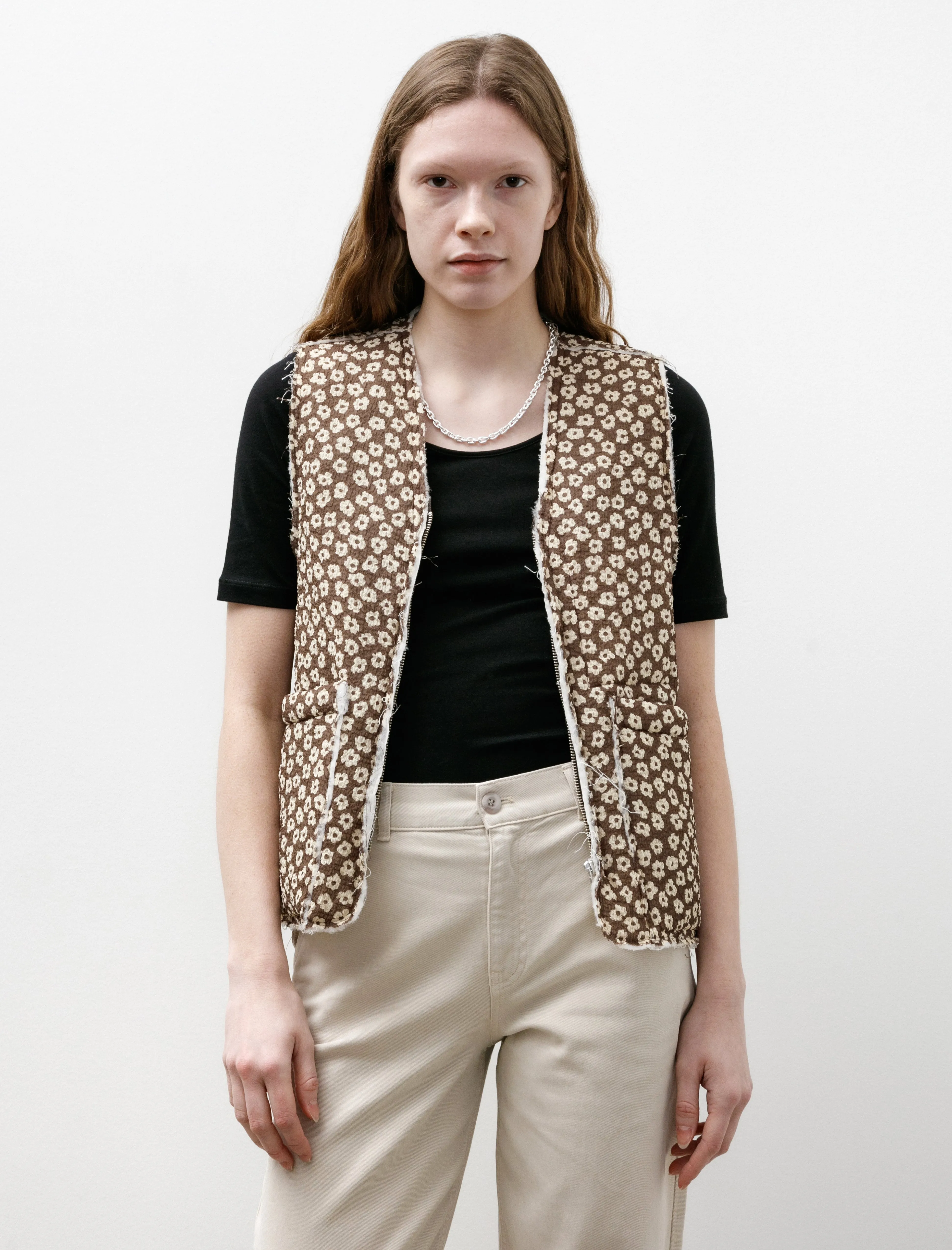 Liner Vest Seersucker Brown White Flower