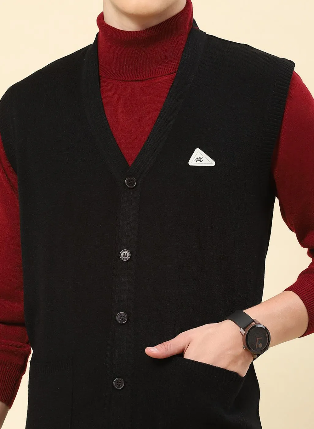 Men Black Solid Blend wool Cardigan