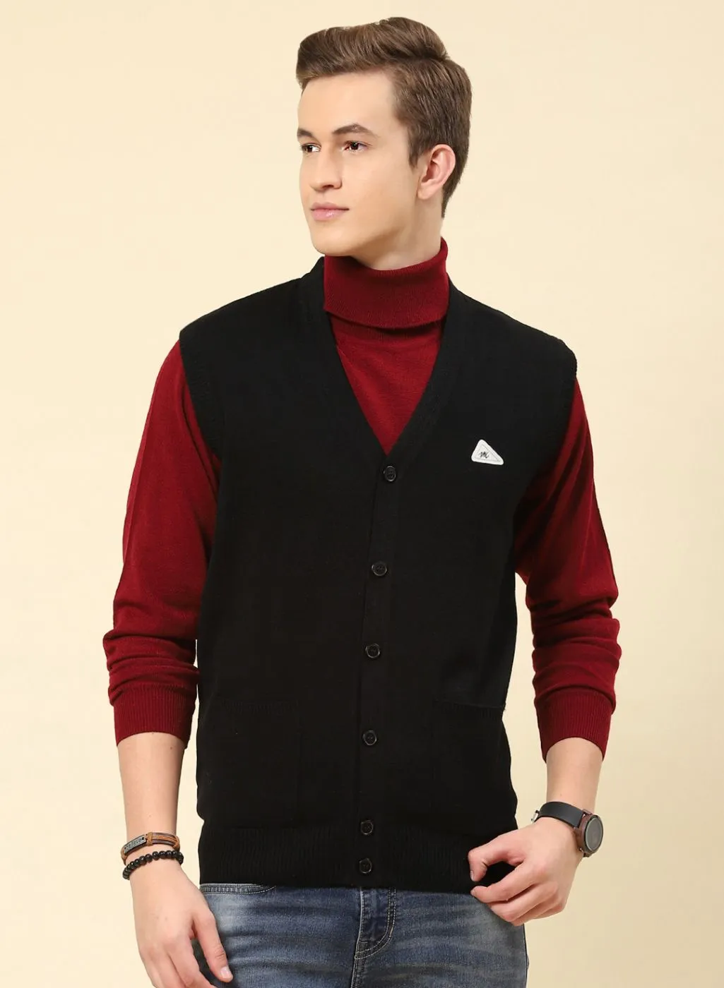 Men Black Solid Blend wool Cardigan