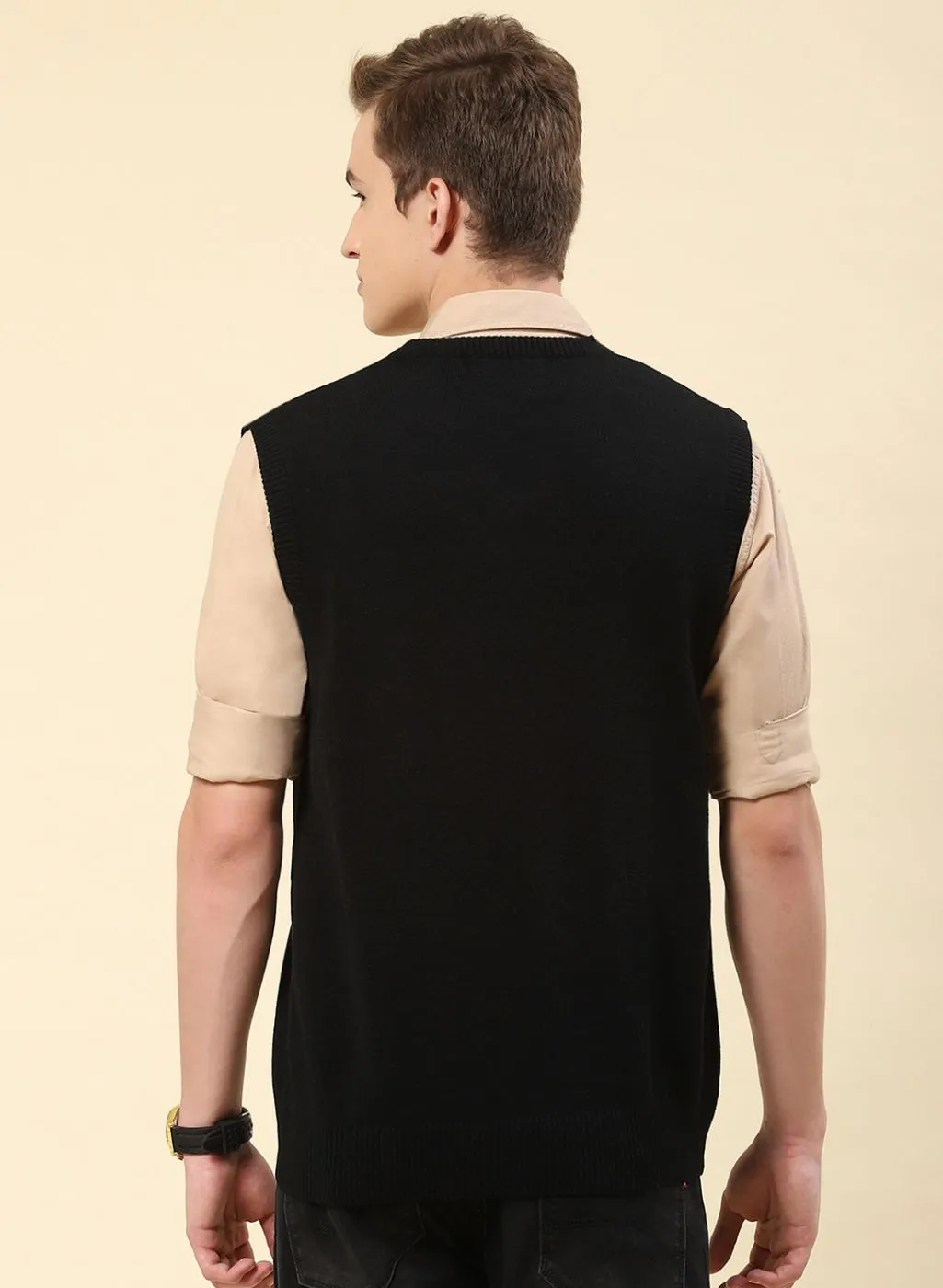 Men Black Solid Blend wool Sweater