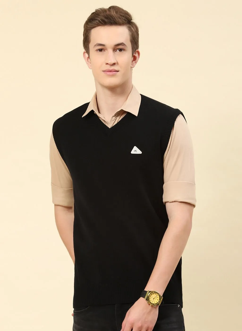 Men Black Solid Blend wool Sweater