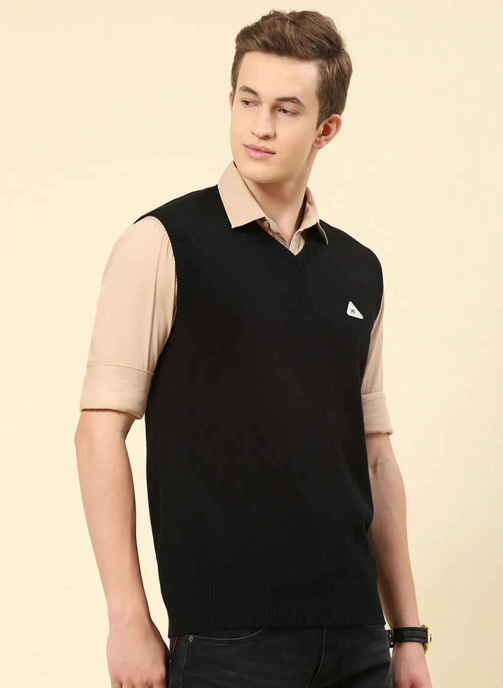 Men Black Solid Blend wool Sweater