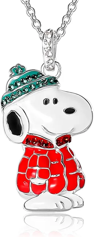 SALLY ROSE Peanuts Snoopy Pendant Necklace with Crystals, 16" 2" Silver Flash-Plated Snoopy Necklace for Women Official License